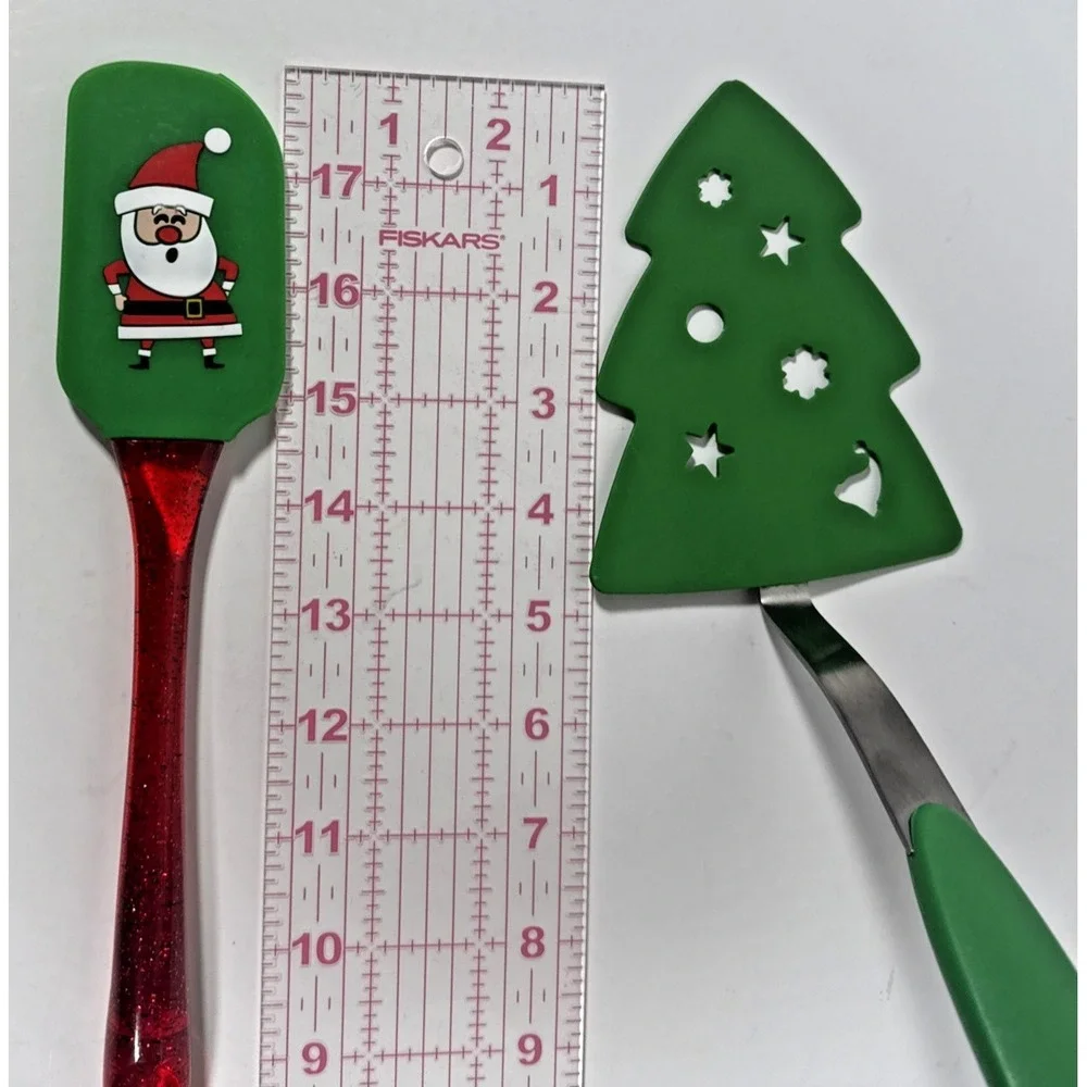 Unbranded Christmas Spatula and Pie Server Set OS Green Santa Tree Glitter